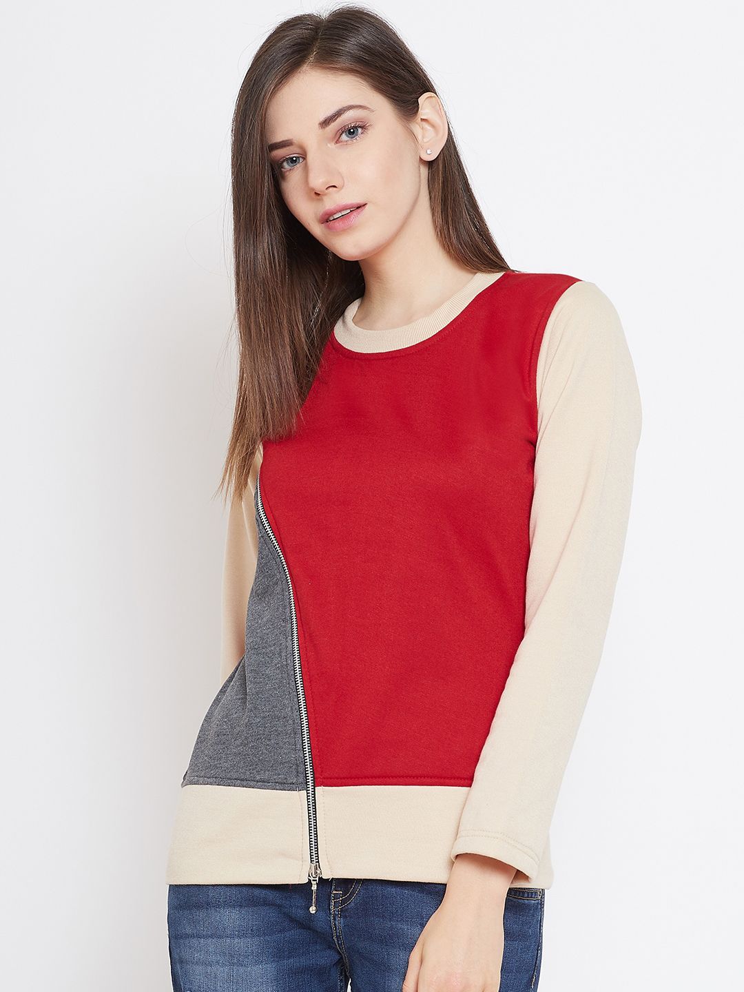 Belle Fille Women Red & Charcoal Grey Colourblocked Sweatshirt Price in India