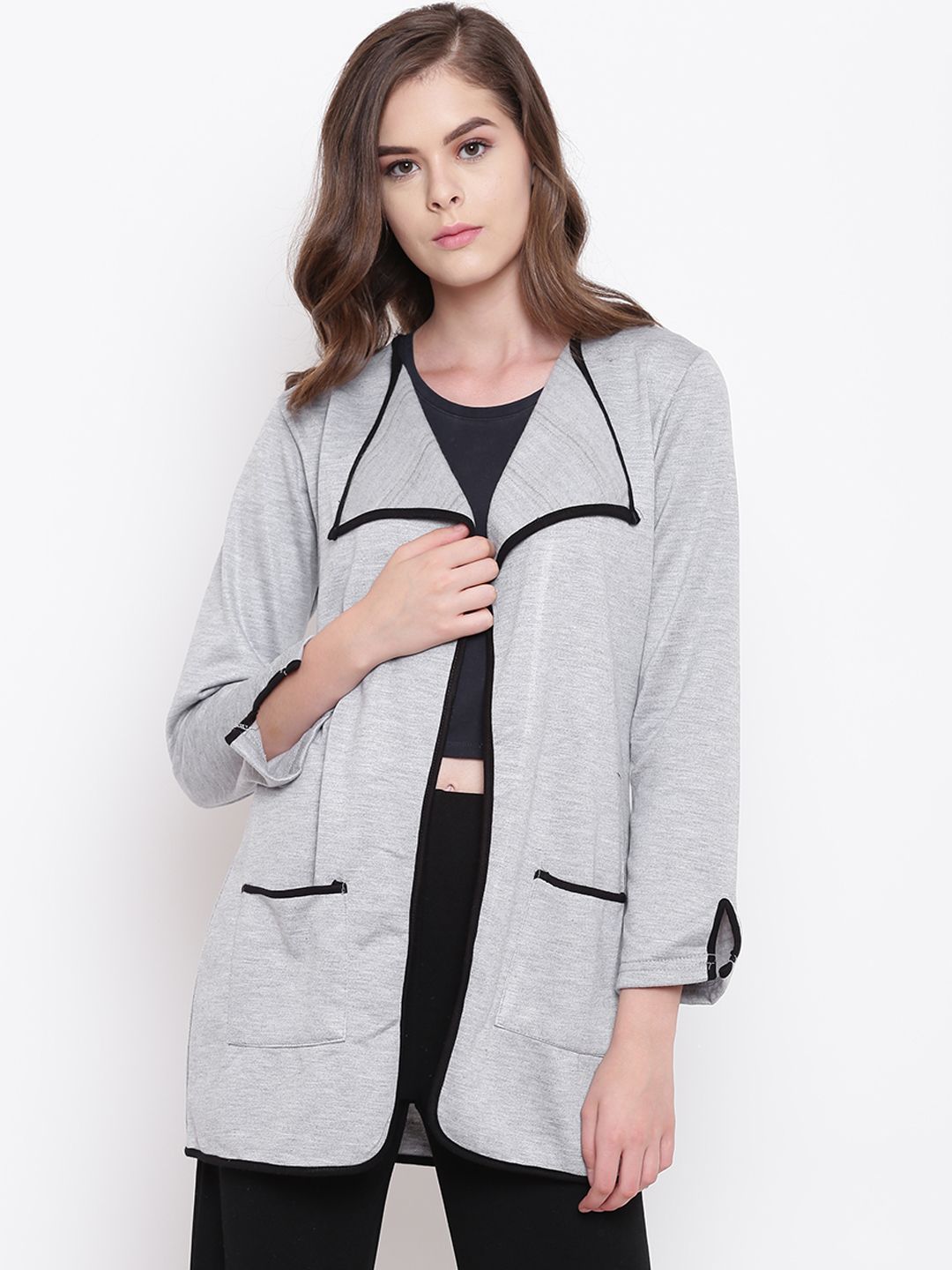 Belle Fille Women Grey Melange Solid Open Front Longline Shrug Price in India