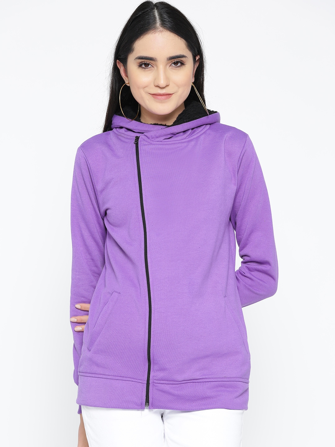 Belle Fille Women Purple Lightweight Solid Hooded Sweatshirt Price in India