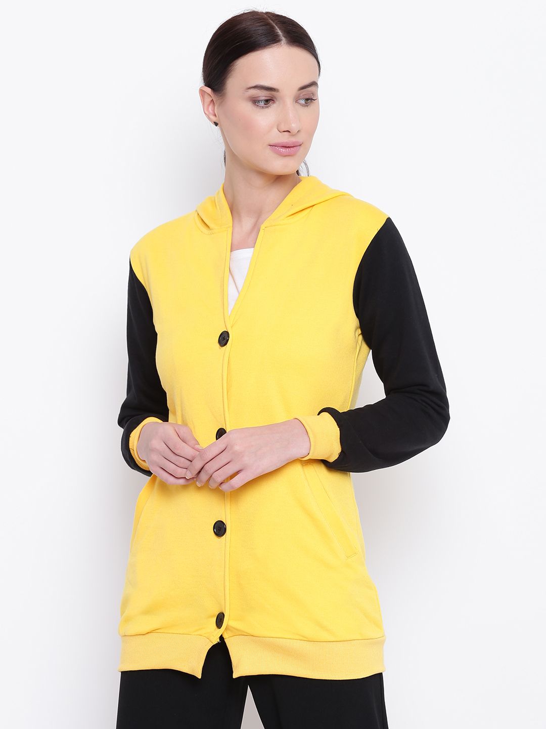 Belle Fille Women Yellow & Black Solid Longline Hooded Sweatshirt Price in India