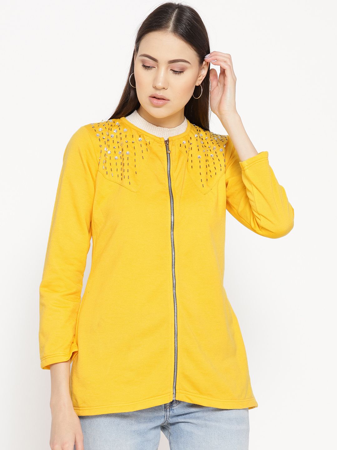 Belle Fille Women Yellow Embellished Detail Lightweight Jacket Price in India