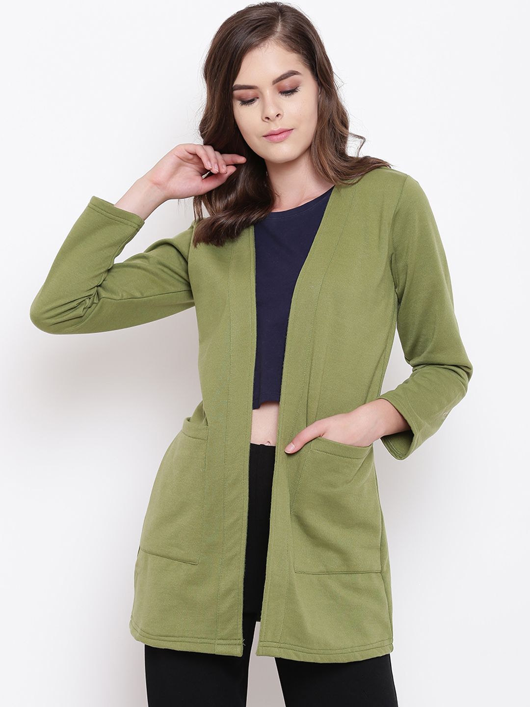 Belle Fille Women Olive Green Solid Open Front Longline Shrug Price in India