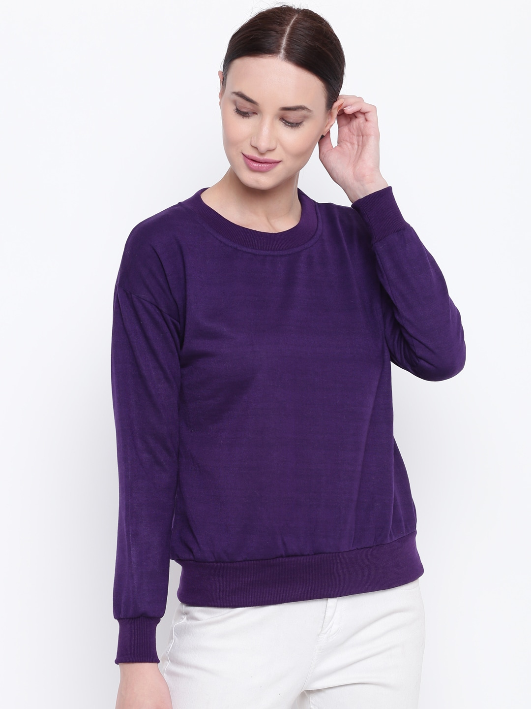 Belle Fille Women Aubergine Solid Sweatshirt Price in India