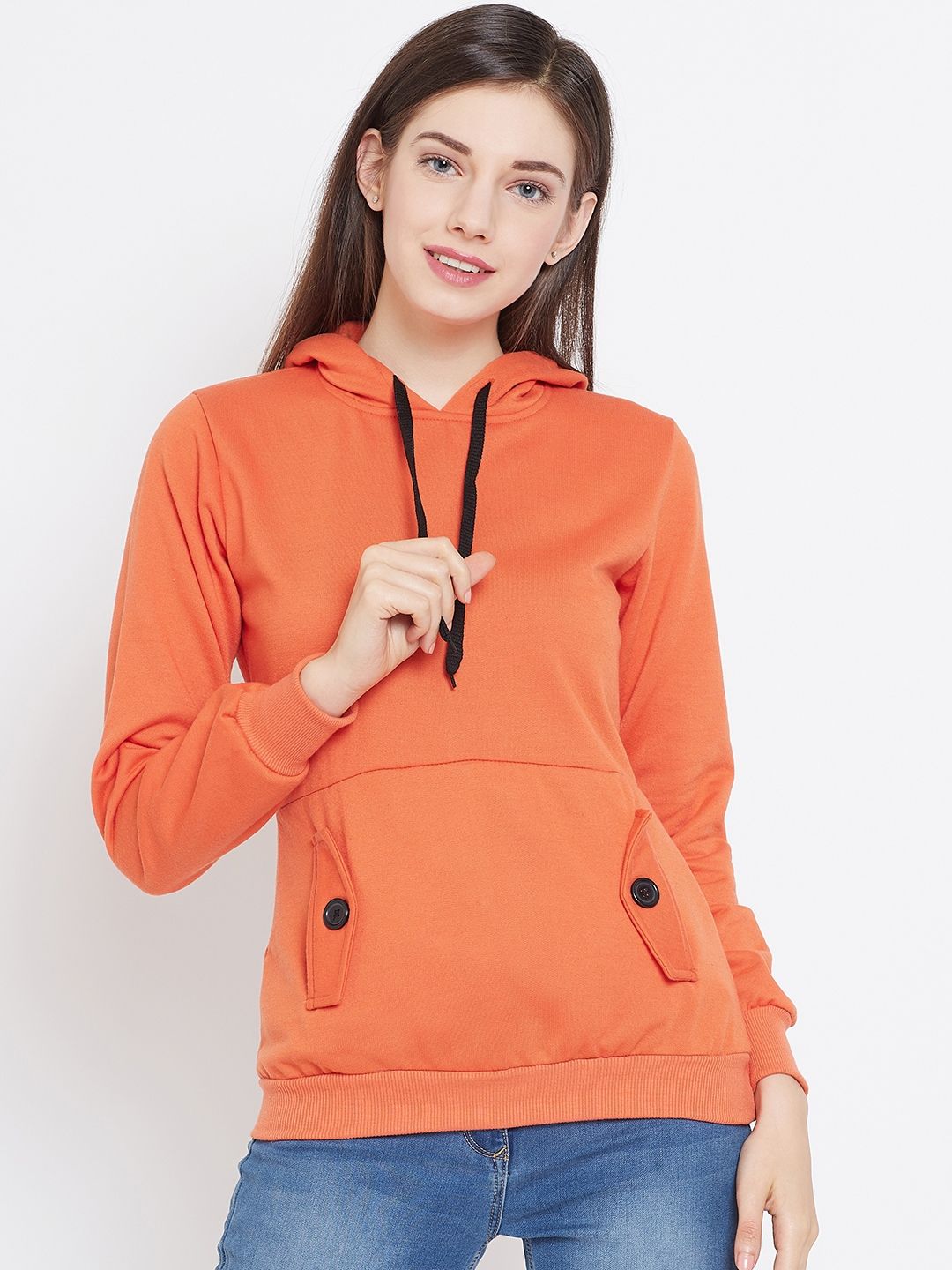 Belle Fille Women Orange Solid Hooded Sweatshirt Price in India