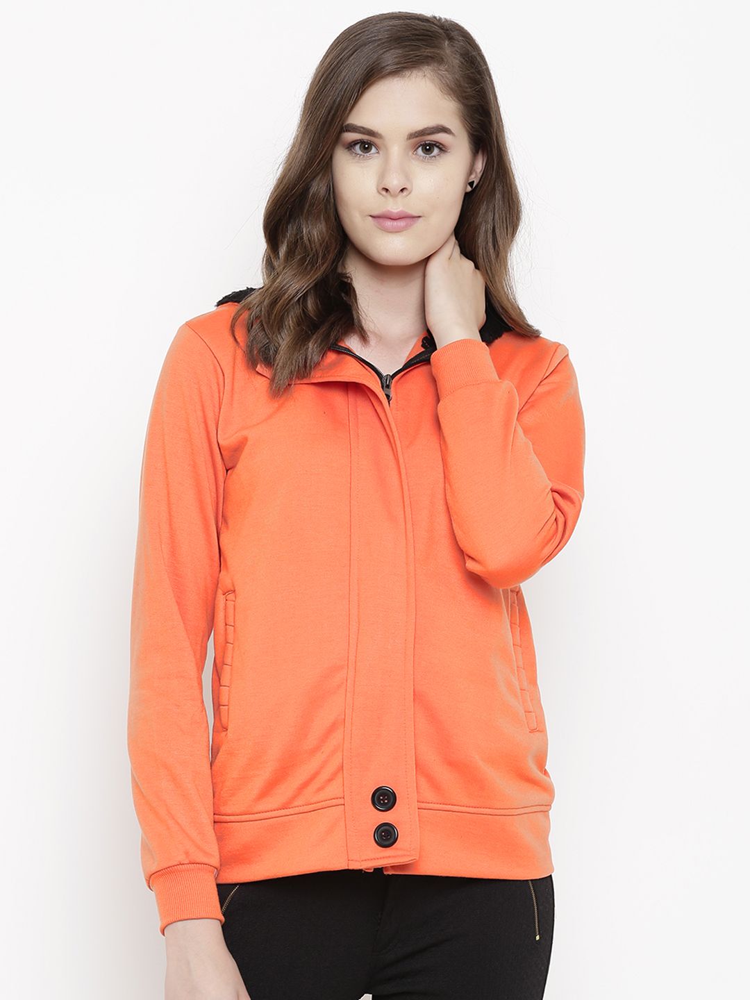 Belle Fille Women Orange  Solid Hooded Tailored  Jacket Price in India