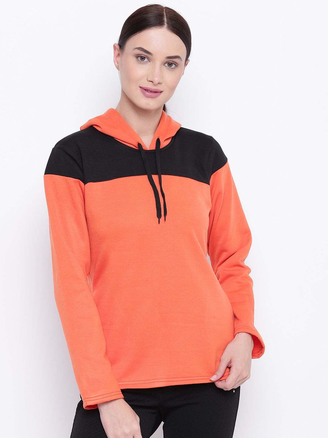 Belle Fille Women Orange & Black Colourblocked Hooded Sweatshirt Price in India