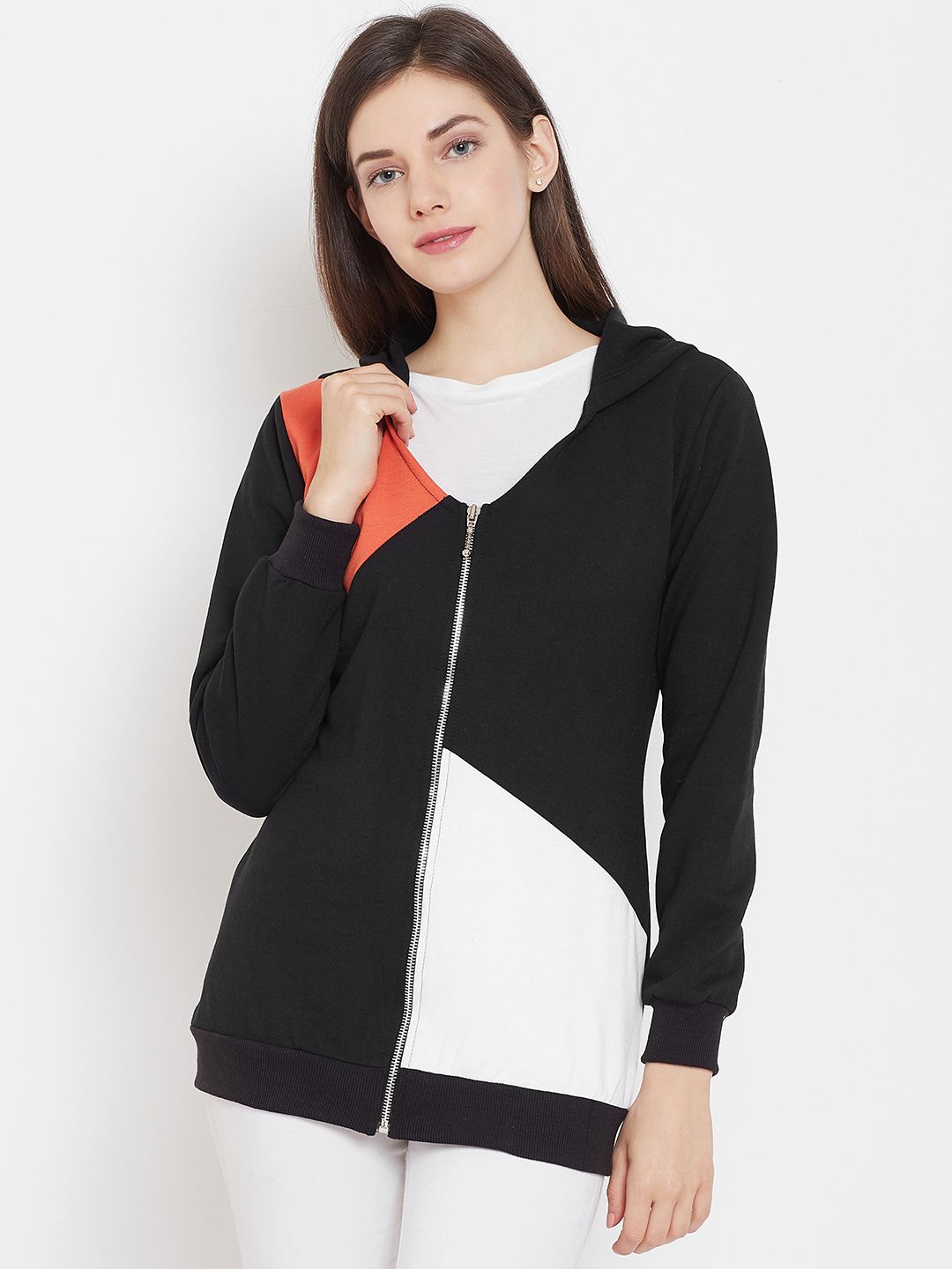 Belle Fille Women Black & Orange Colourblocked Hooded Sweatshirt Price in India
