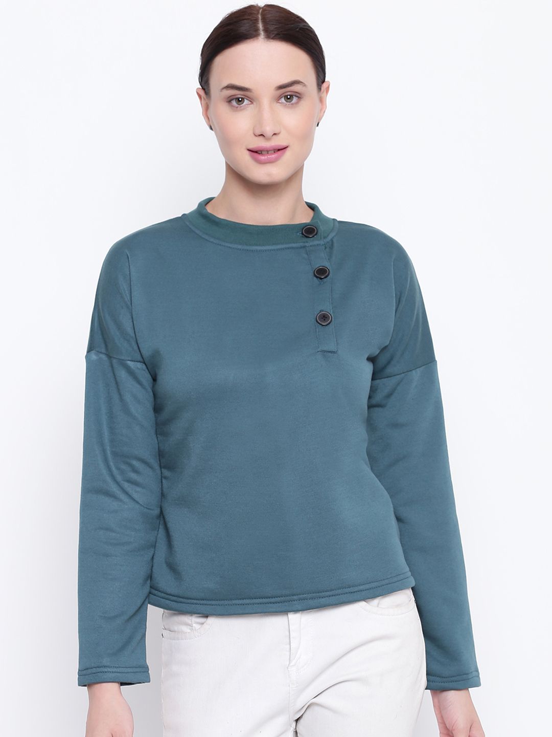 Belle Fille Women Teal Green Solid Sweatshirt Price in India