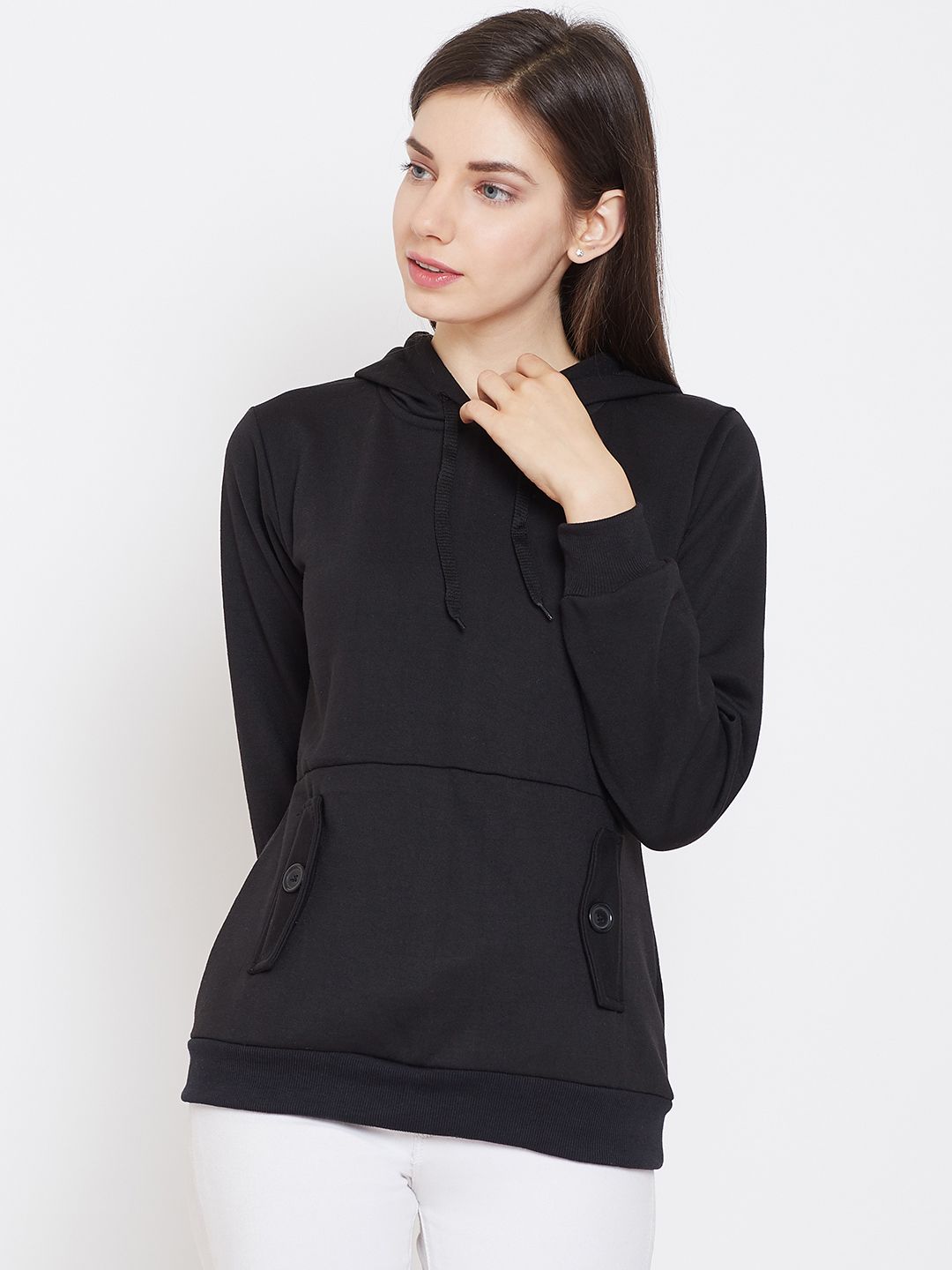 Belle Fille Women Black Solid Hooded Sweatshirt Price in India