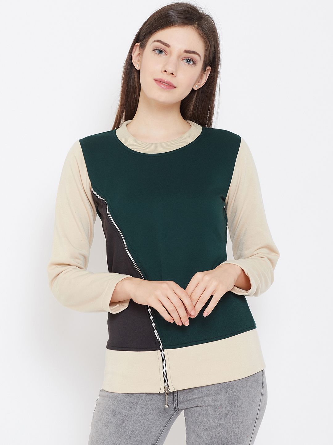 Belle Fille Women Green & Beige Colourblocked Hooded Sweatshirt Price in India