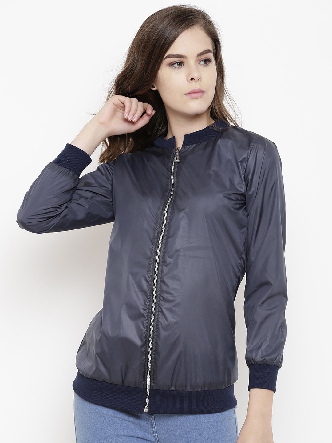 Belle Fille Women Navy Blue Solid Lightweight Bomber Jacket Price in India