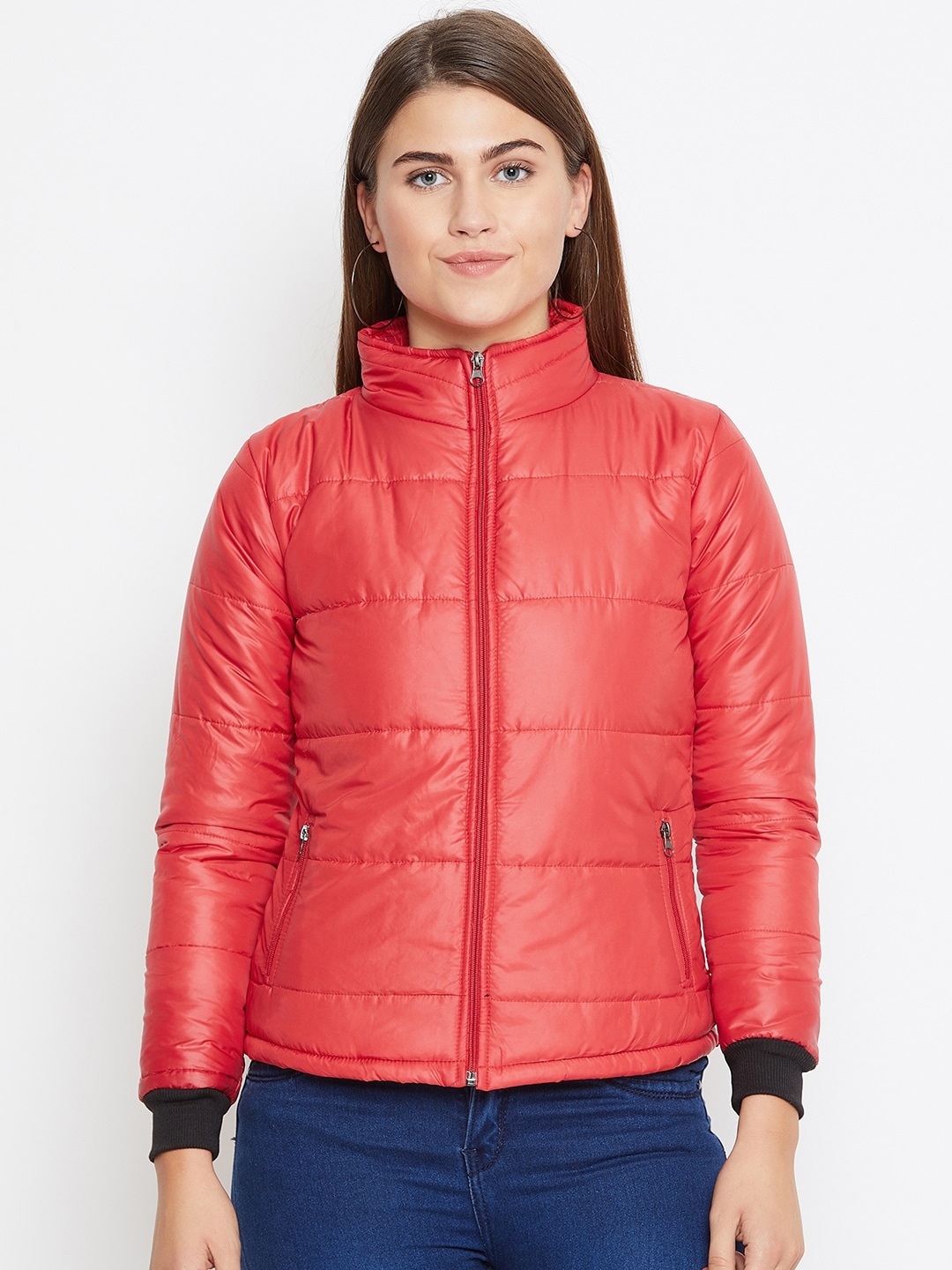 Belle Fille Women Red Solid Insulator Quilted Jacket Price in India