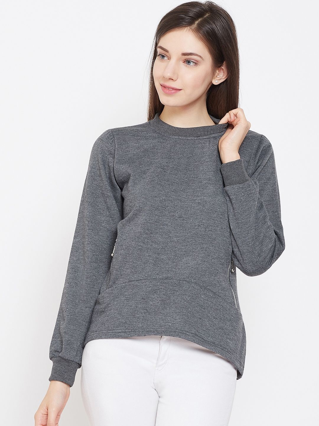Belle Fille Women Charcoal Grey Solid Sweatshirt Price in India