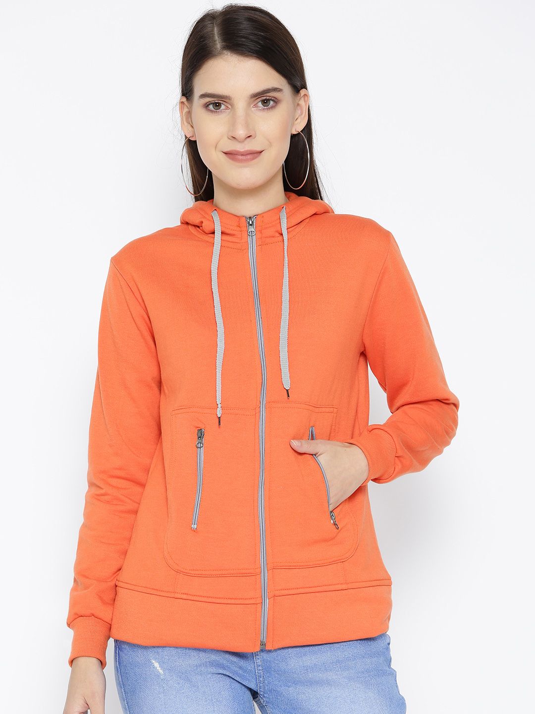 Belle Fille Women Orange Solid Hooded Sweatshirt Price in India