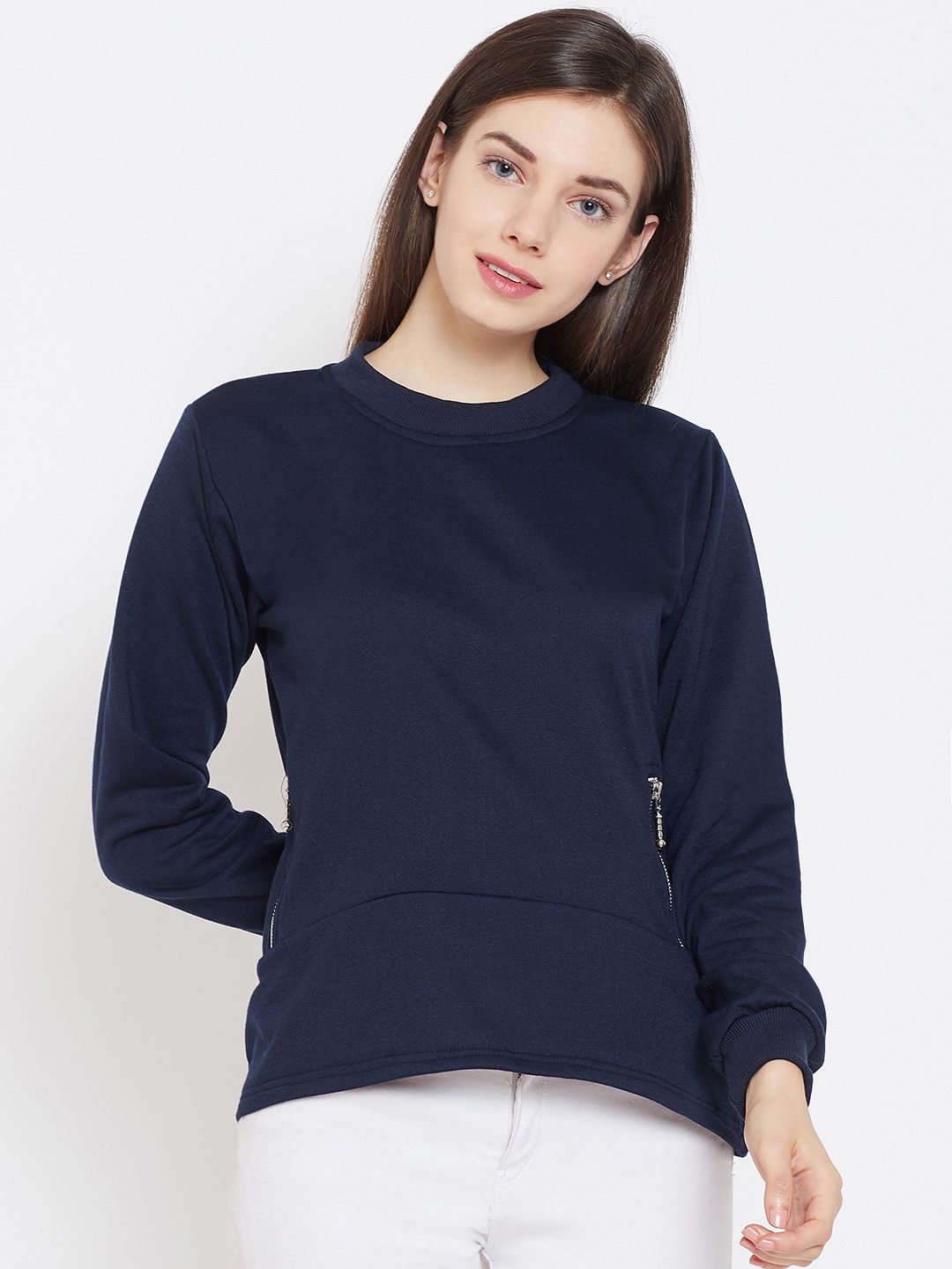 Belle Fille Women Navy Blue Solid Sweatshirt Price in India