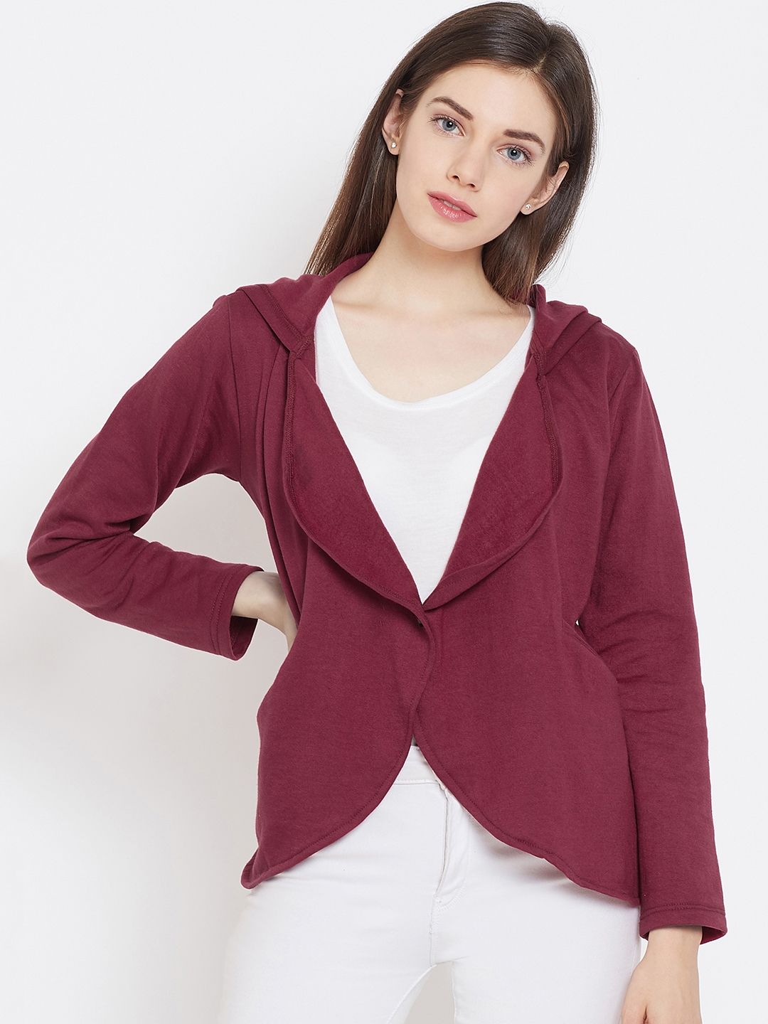 Belle Fille Women Maroon Solid Hooded Jackets Price in India