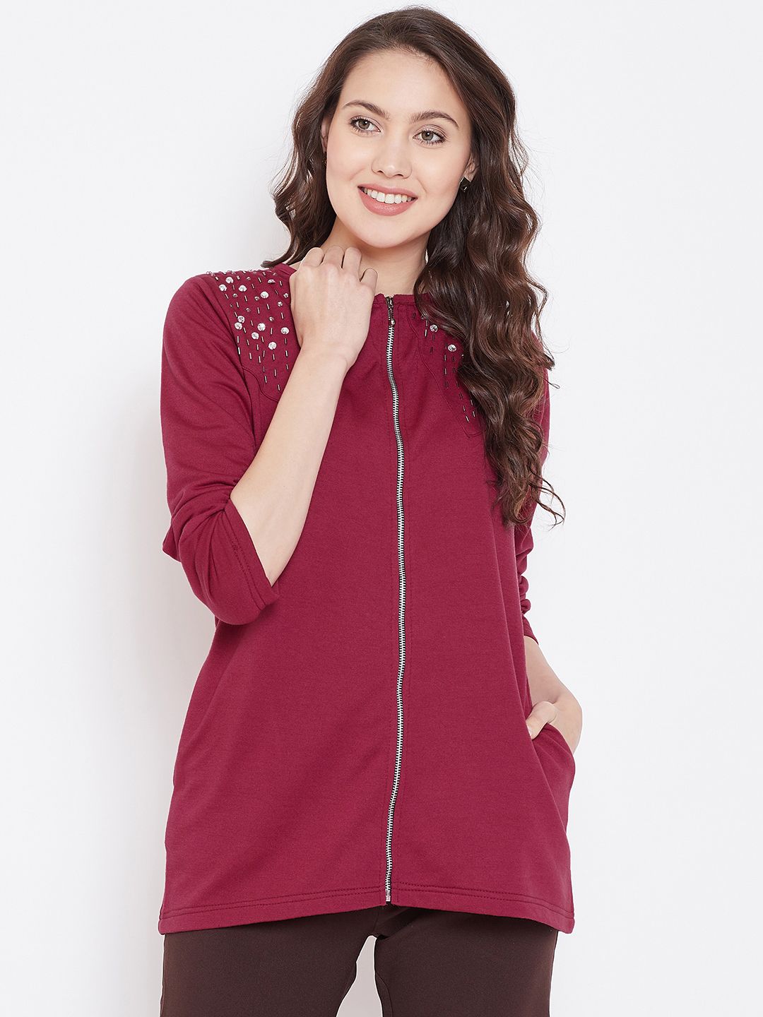Belle Fille Women Maroon Solid Tailored Jacket Price in India
