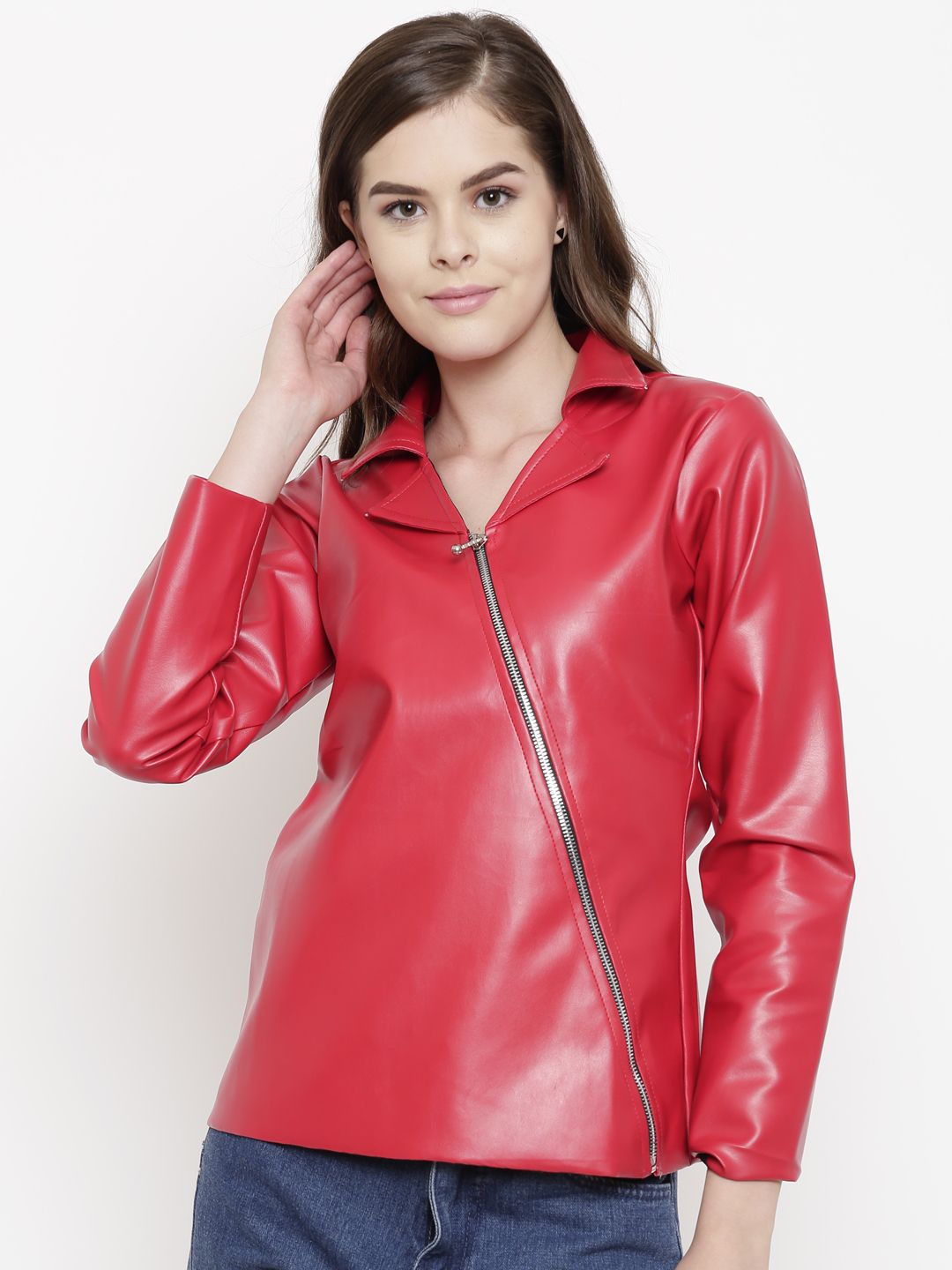 Belle Fille Women Red Solid Asymmetric Closure Leather Jacket Price in India
