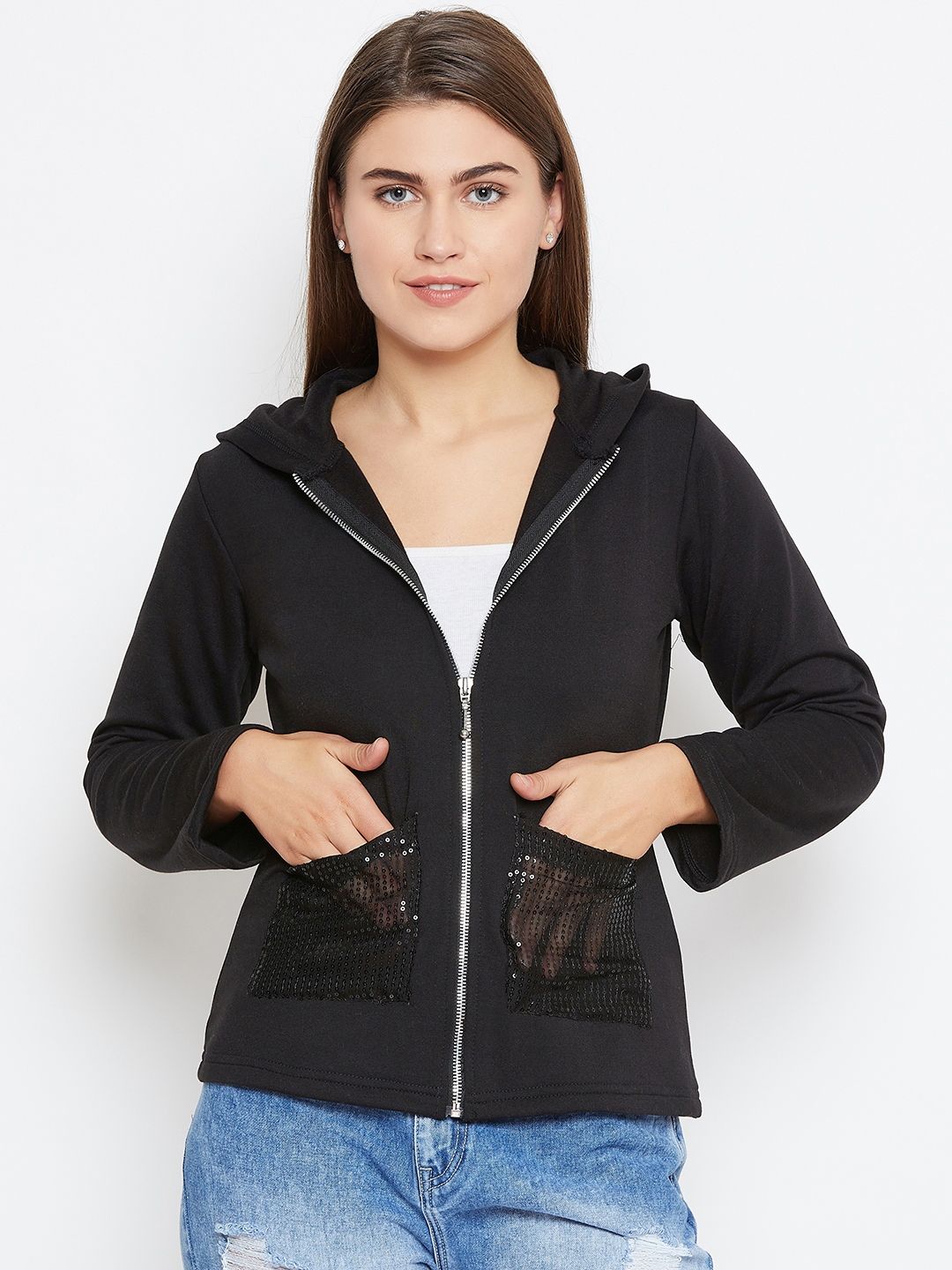 Belle Fille Women Black Solid Hooded Sweatshirt Price in India