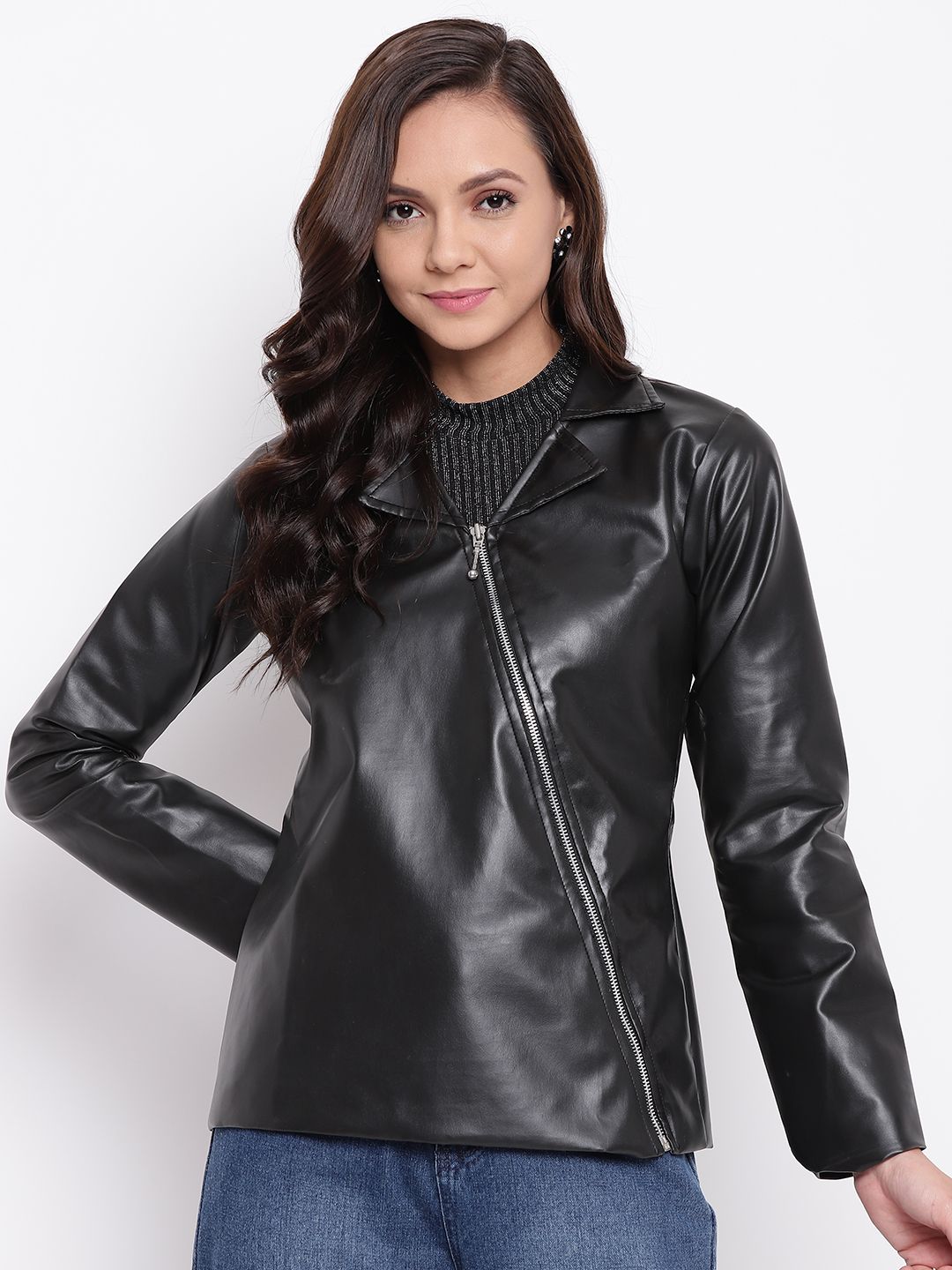 Belle Fille Women Black Solid Asymmetric Closure Leather Jacket Price in India