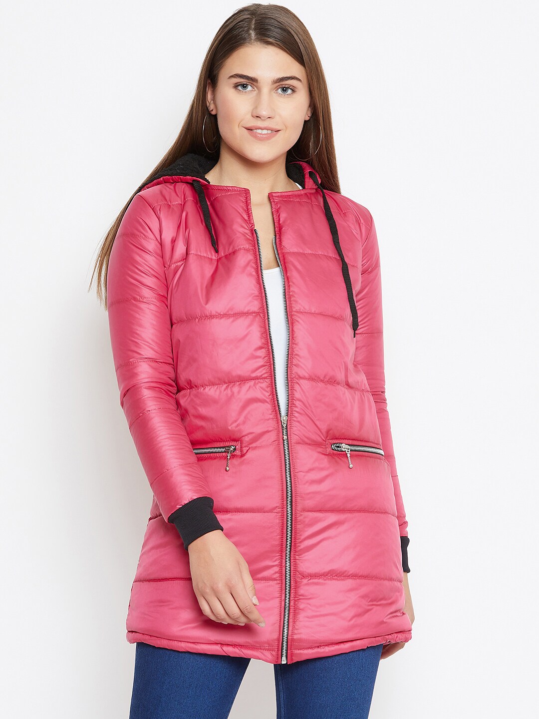 Belle Fille Women Pink Solid Hooded Longline Padded Insulator Jacket Price in India
