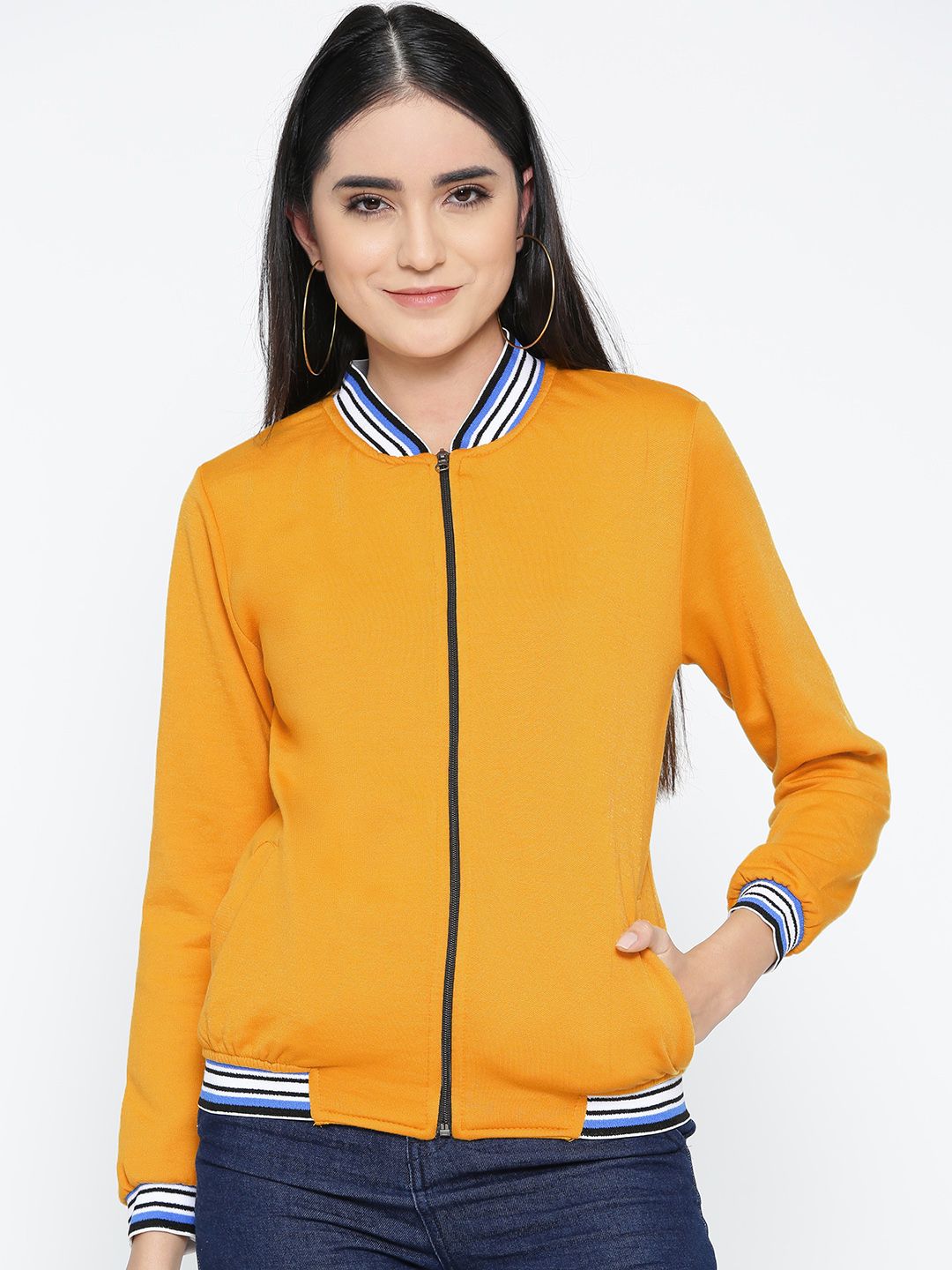 Belle Fille Women Mustard Yellow Solid Varsity Jacket Price in India