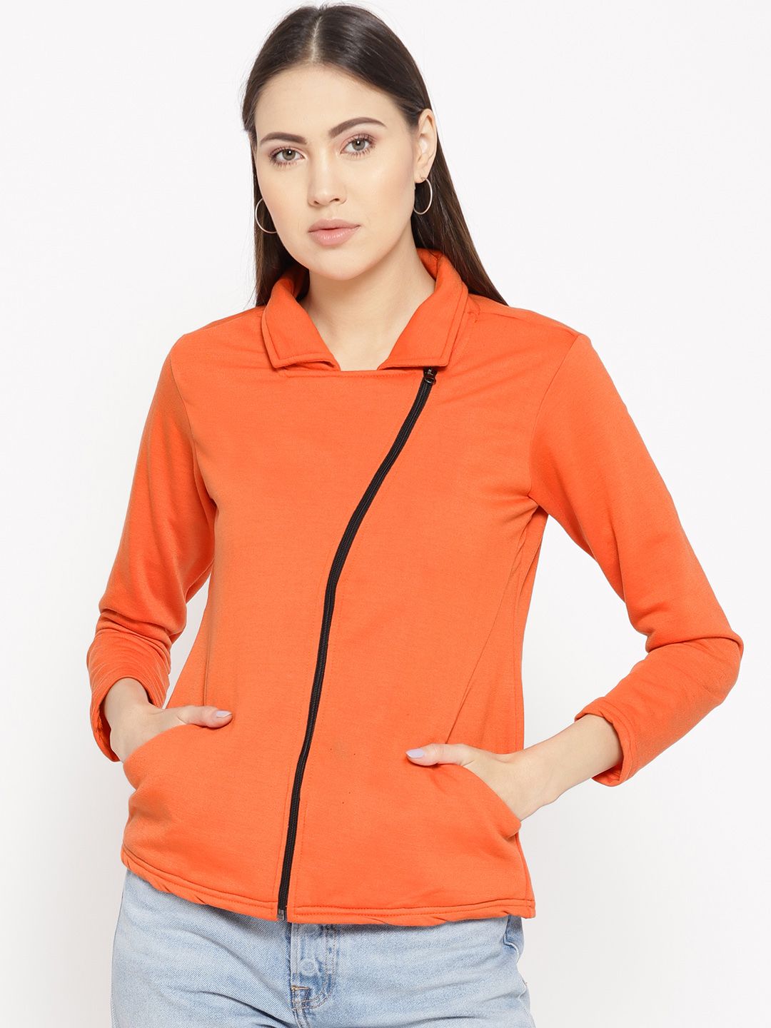 Belle Fille Women Orange Solid Asymmetric Closure Tailored  Jacket Price in India