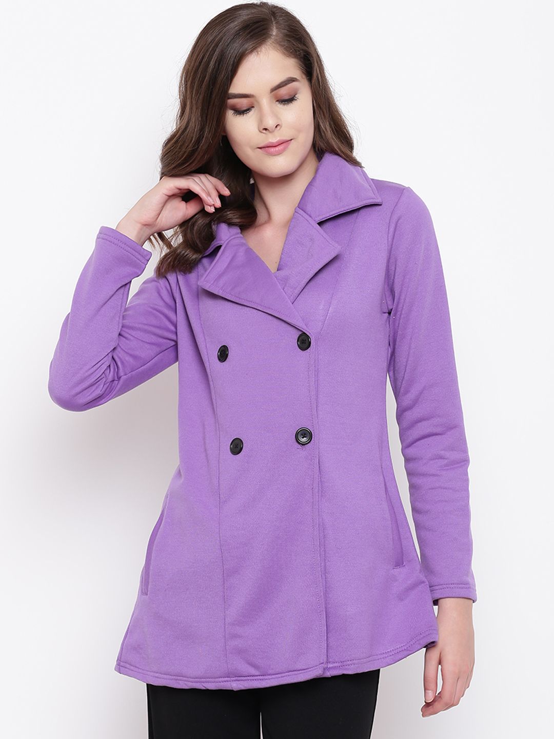 Belle Fille Women Purple Solid Double-Breasted Tailored Jacket Price in India