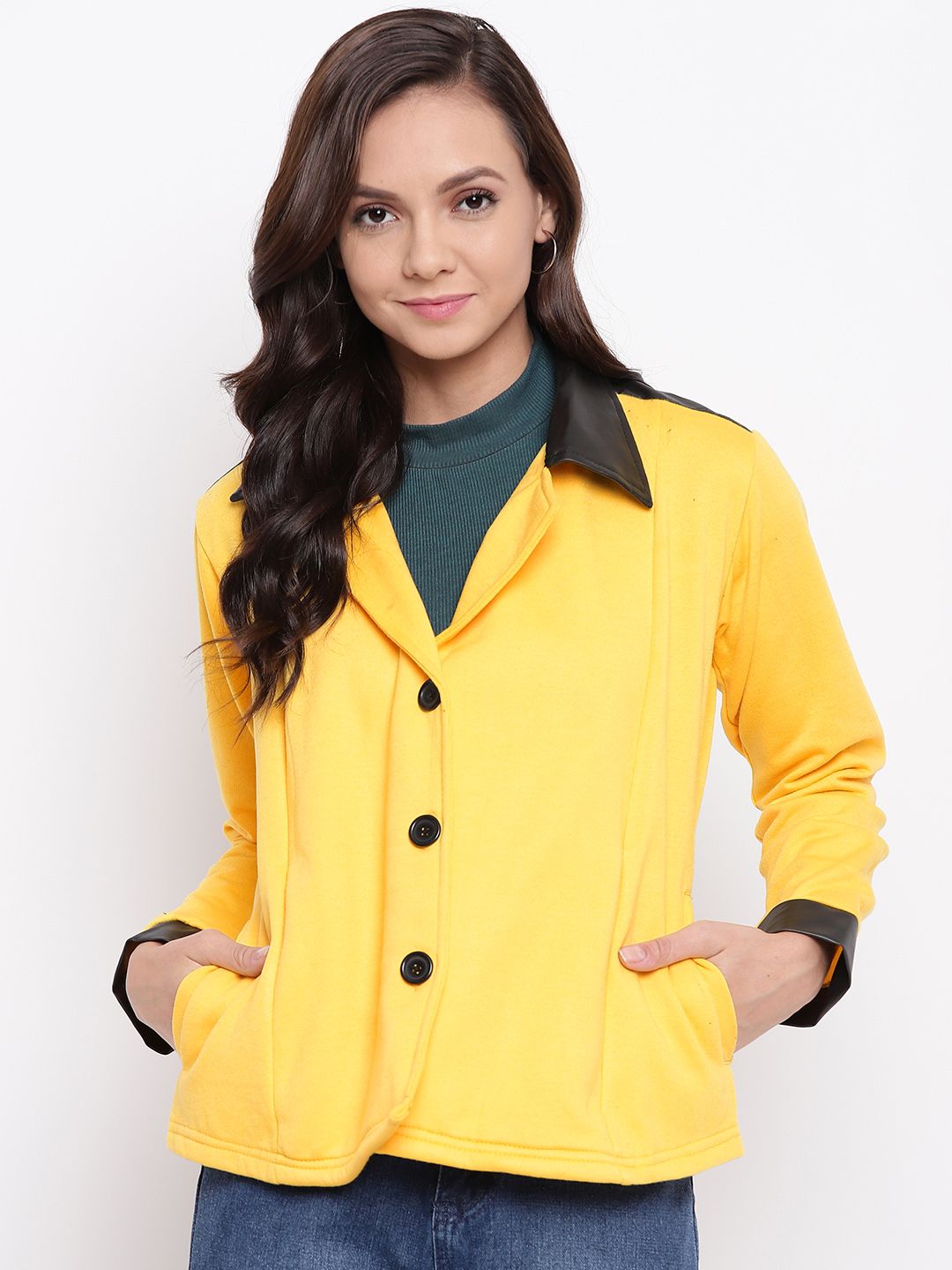 Belle Fille Women Yellow Solid Tailored Jacket Price in India