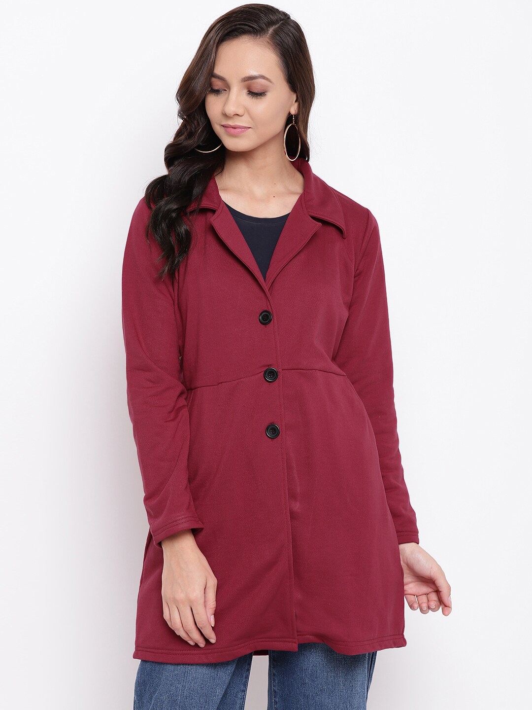Belle Fille Women Maroon Solid Longline Tailored Jacket Price in India