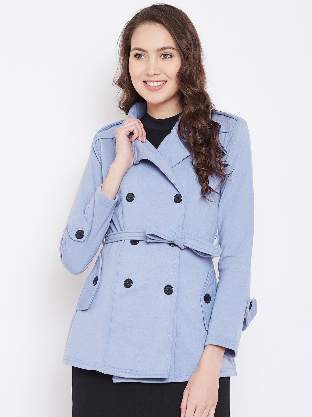 Belle Fille Women Blue Solid Double-Breasted Tailored Jacket Price in India