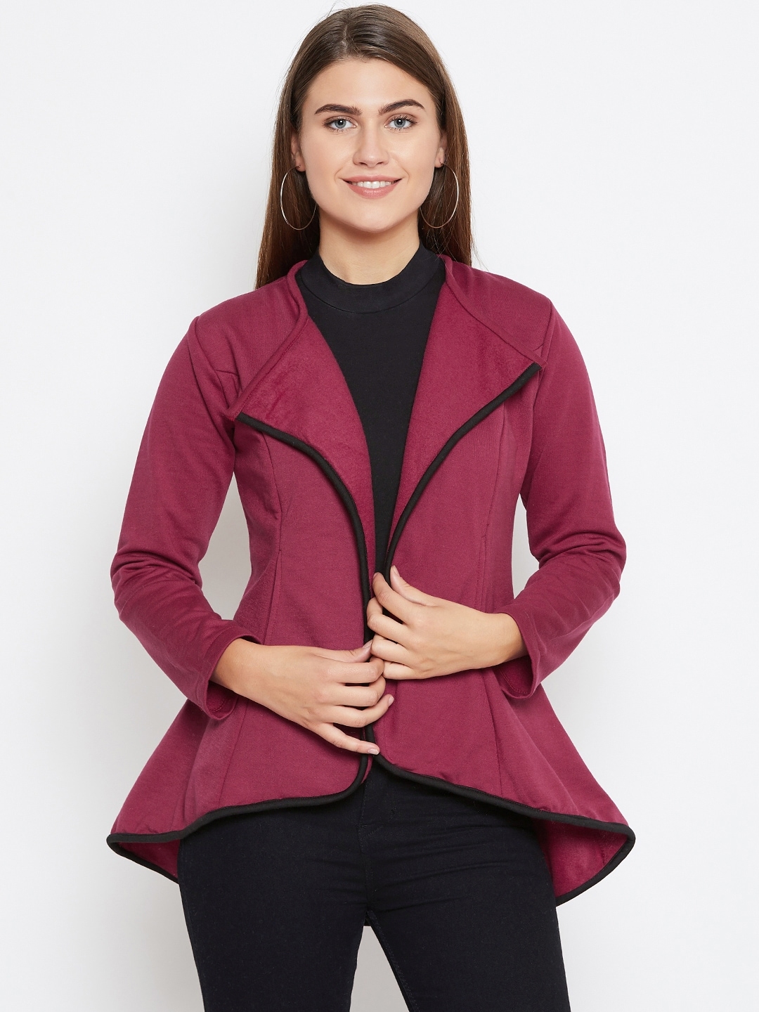 Belle Fille Women Maroon Solid Open-Front Jacket Price in India