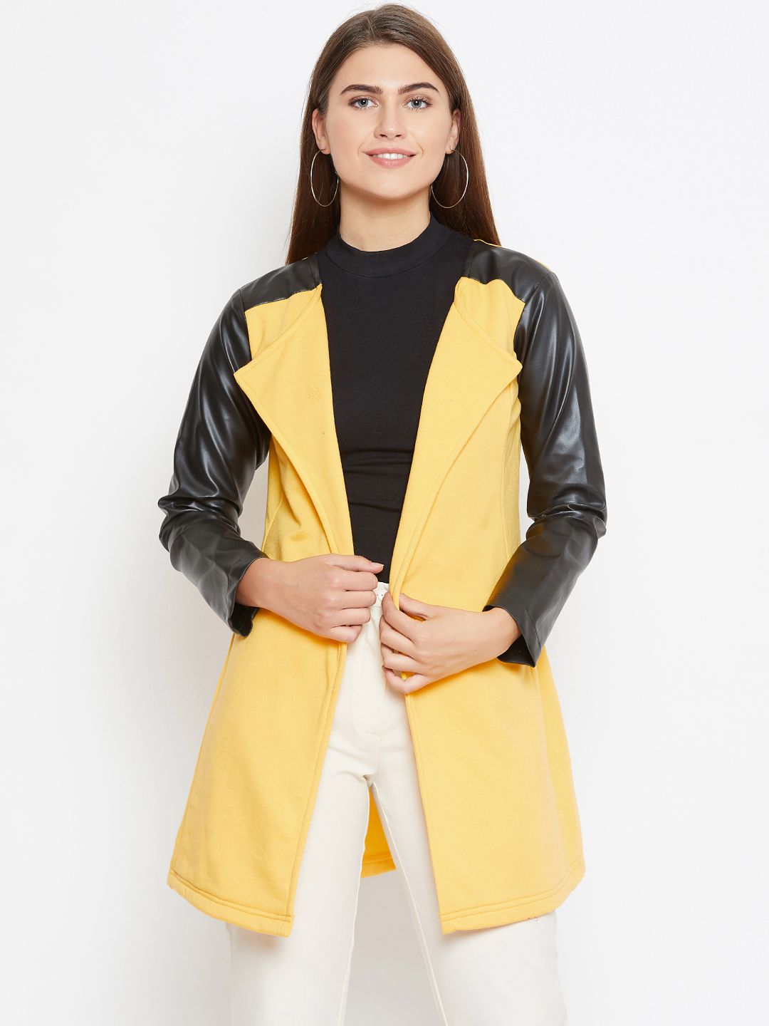 Belle Fille Women Yellow & Black Solid Open-Front Longline Jacket Price in India