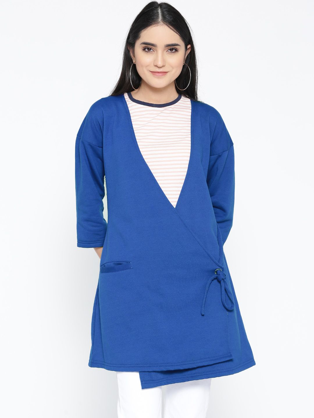 Belle Fille Women Blue Solid Longline Tie-Up Shrug Price in India
