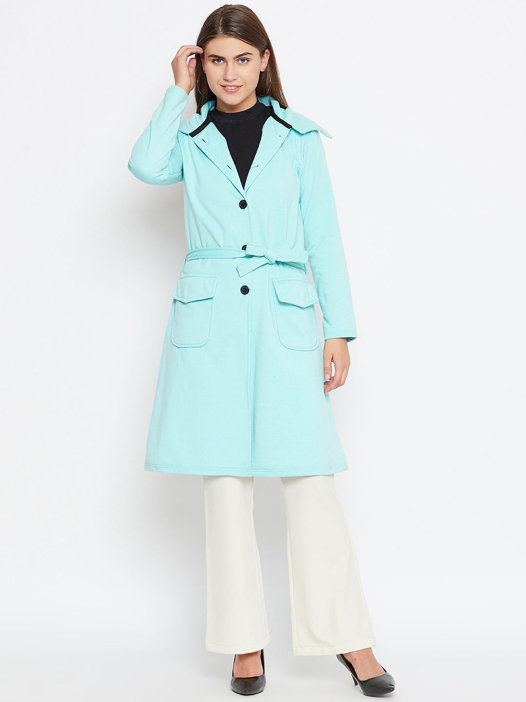Belle Fille Women Blue Solid Longline Tailored Jacket Price in India