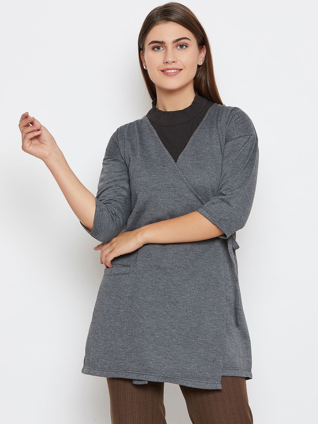 Belle Fille Women Charcoal Grey Solid Tie-Up Shrug Price in India