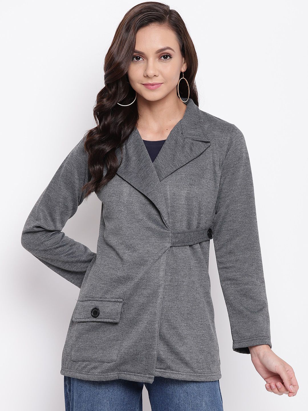 Belle Fille Women Charcoal Grey Solid Tailored Jacket Price in India