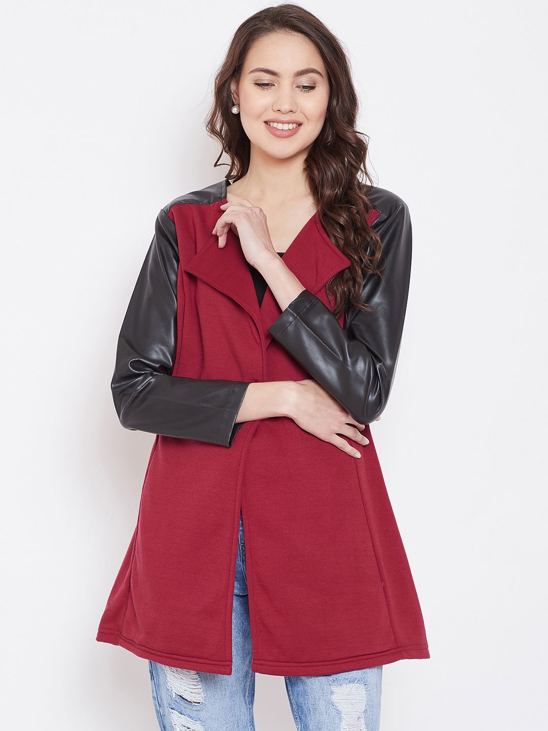 Belle Fille Women Maroon & Black Solid Longline Tailored Jacket Price in India