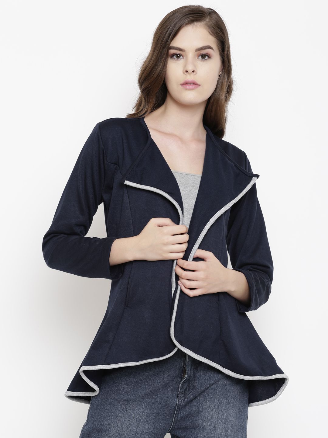 Belle Fille Women Navy Blue Solid Lapel Shrug Price in India