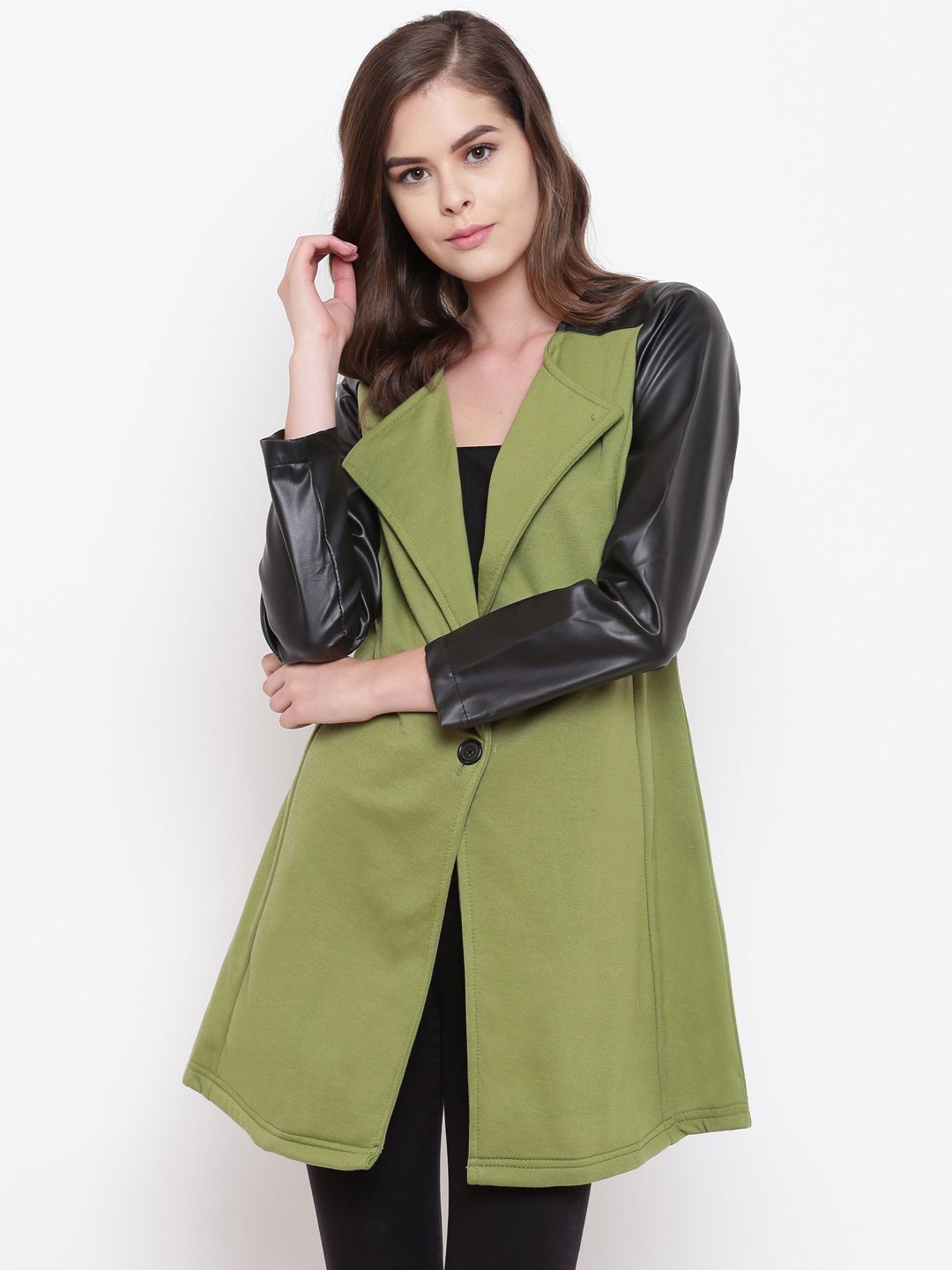 Belle Fille Women Green Solid Longline Tailored Jacket Price in India