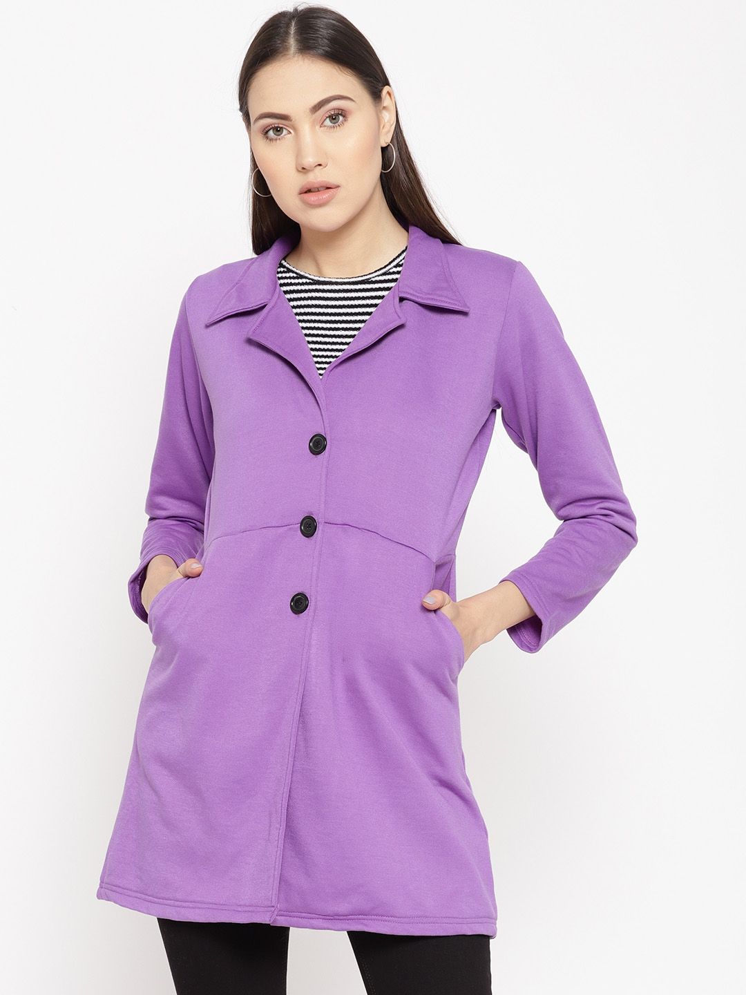 Belle Fille Women Purple Solid Longline Jacket Price in India
