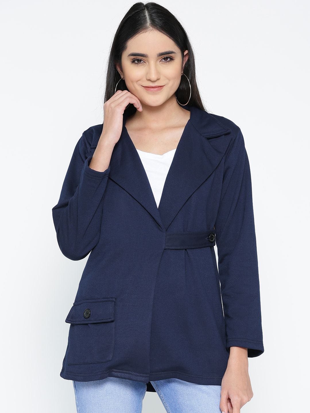 Belle Fille Women Navy Blue Solid Tailored Jacket Price in India