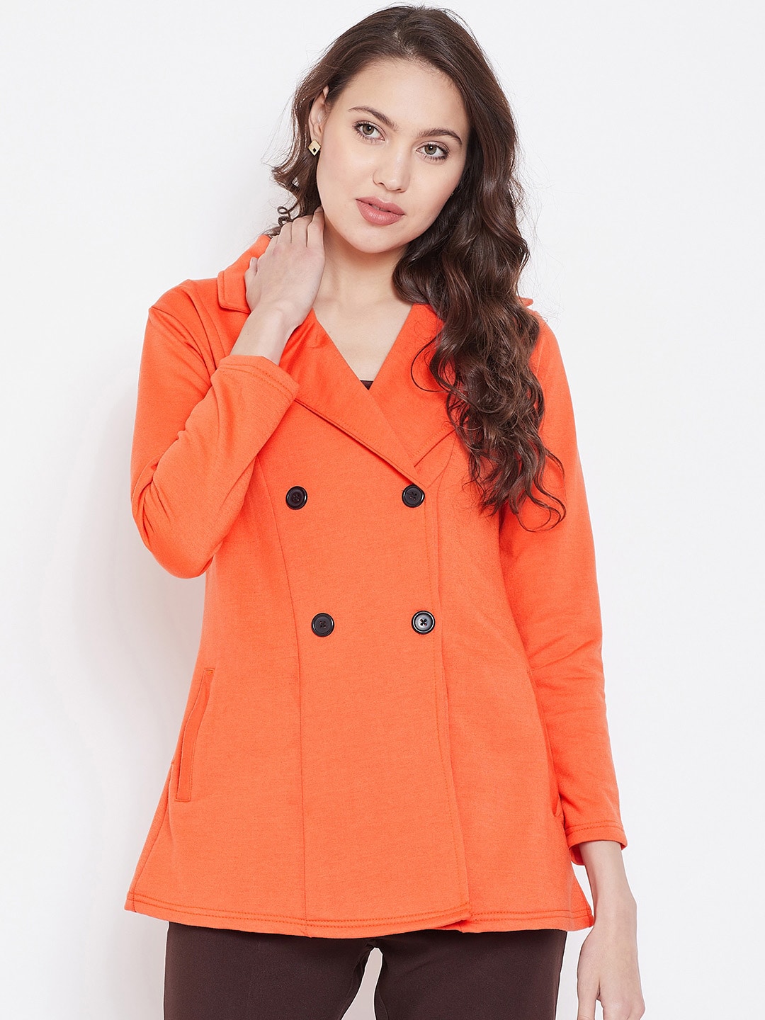 Belle Fille Women Orange Double-Breasted Solid Jacket Price in India
