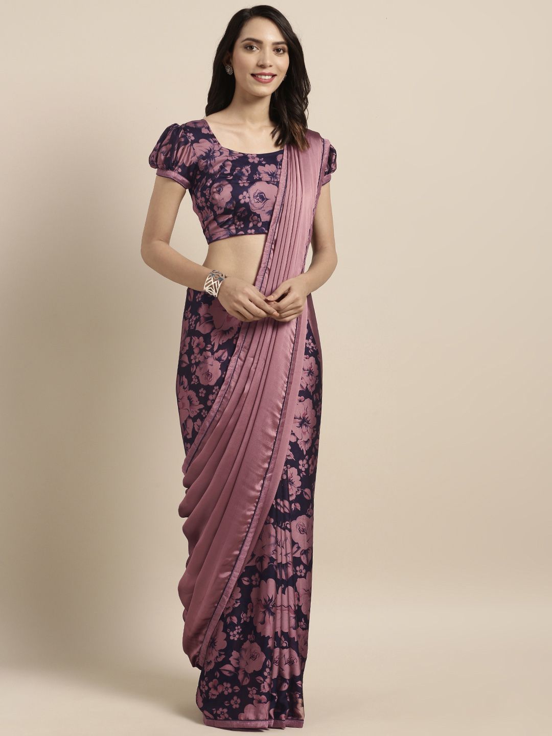 Satrani Floral Shimmer Half & Half Chiffon Saree