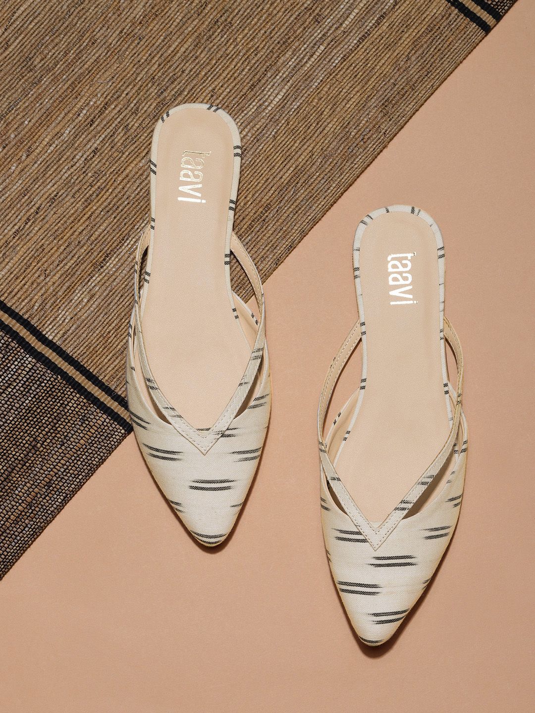 Taavi Women Off-White Striped Ikat Mules Price in India