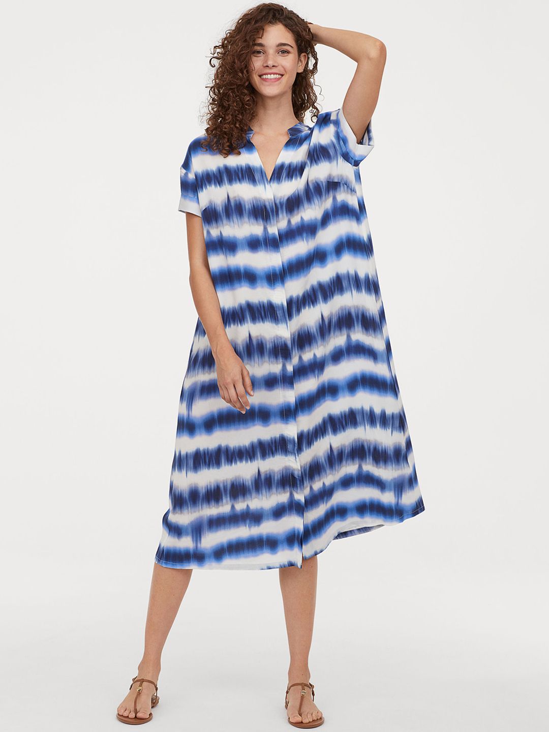 h&m kaftan dress blue H&M White Blue Cotton Linen Bl. Balloon Sleeve Midi Kaftan Dress size L 16  18 20