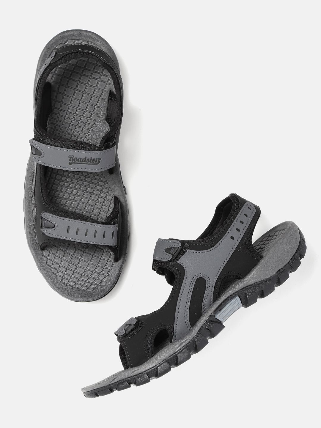 Roadster Men Charcoal Grey & Black Colourblocked Sports Sandals