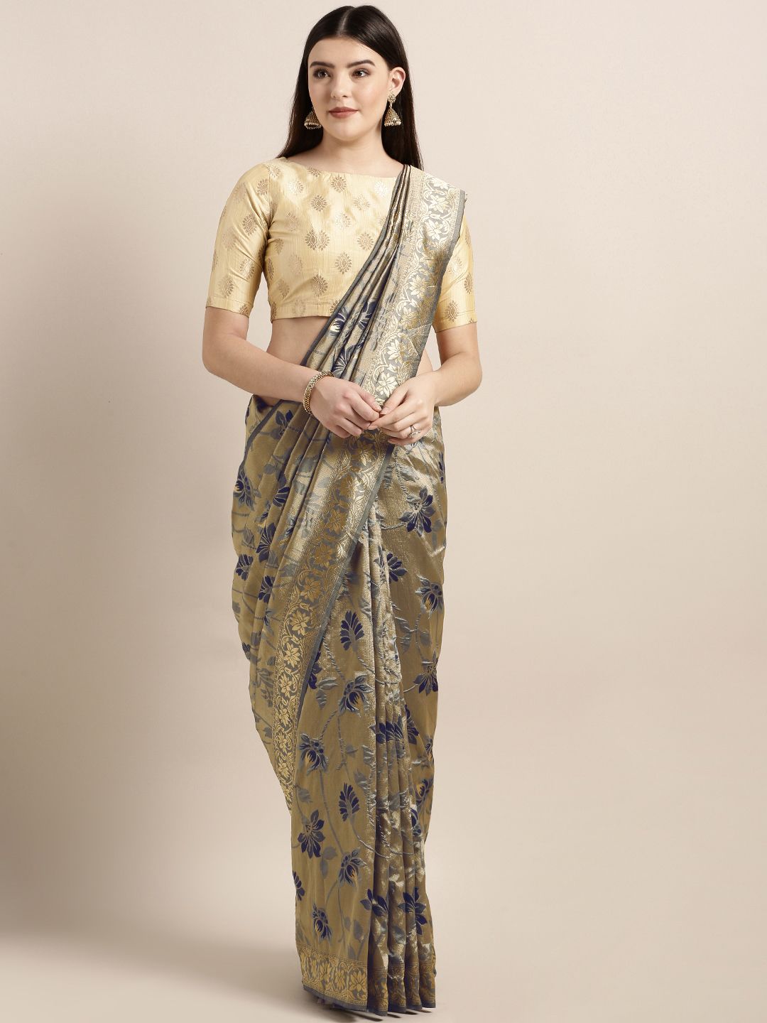 MOKSHA DESIGNS Grey & Blue Pure Silk Woven Design Banarasi Saree Price in India