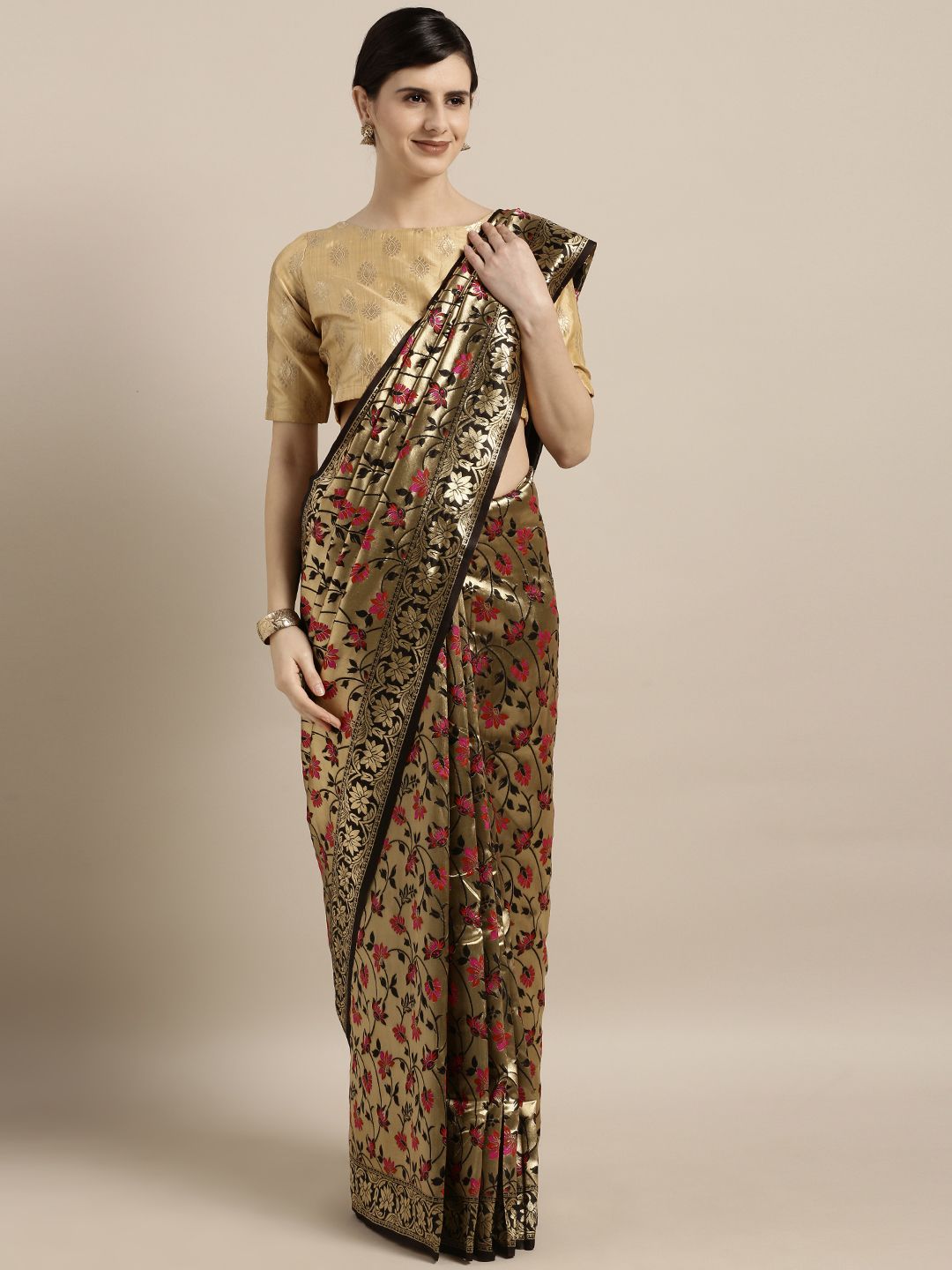 MOKSHA DESIGNS Black & Gold-Toned Pure Silk Woven Design Banarasi Saree Price in India