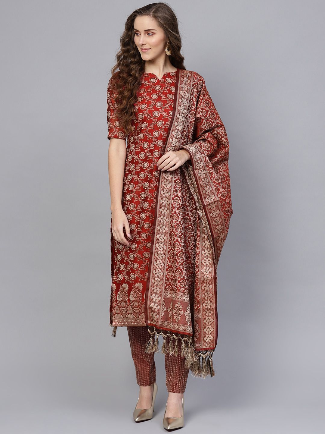 Inddus Maroon & Beige Cotton Blend Unstitched Dress Material Price in India